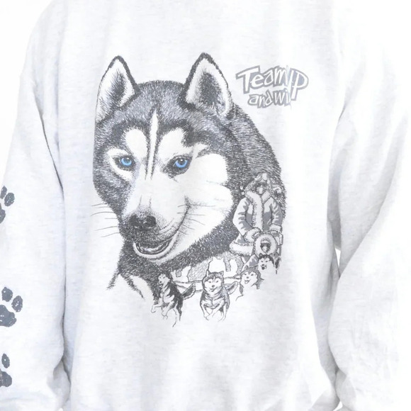 VTG 90'S Little Brownie Originals Gray Huskies Portrait Boxy Crew  Neck Sweater - Picture 2 of 13